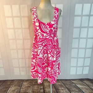 Anthropologie Vanessa Virginia Hot Pink White Jacquard Fit & Flare Dress Size 4